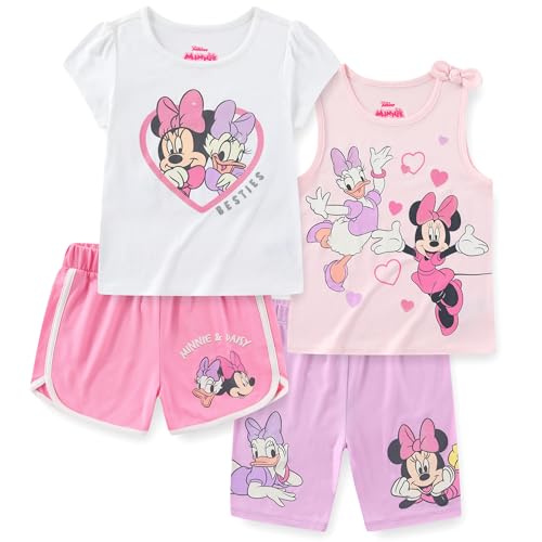 Ensemble Minnie et Daisy Disney pour fille avec t-shirt débardeur et shorts violet blanc 4 pièces