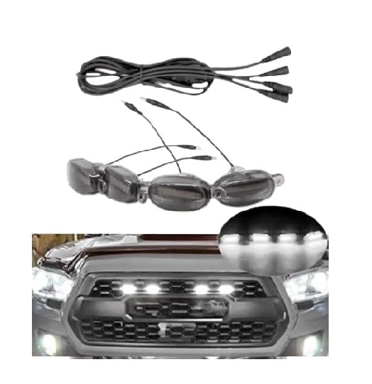 Image of Car Front Grill Set of 4 Pcs Universal Smoked Shell DRL LED Emergency Warning Off-Roading Lights (4 X 4) for All Cars, Vans, SUV, Trucks (White)