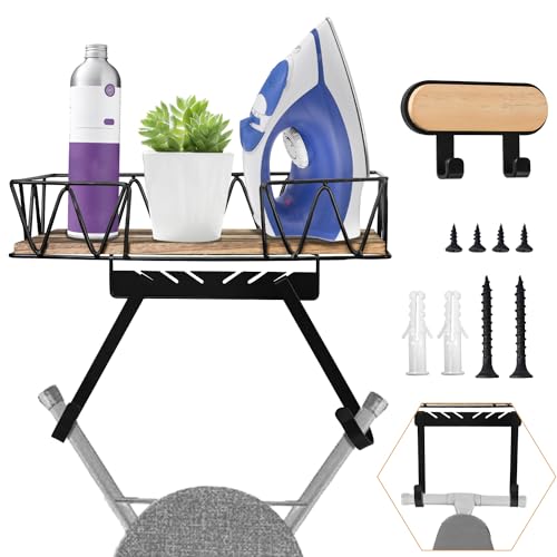 TONINT Ironing Board Hanger Wall Mount,Electric Iron Holder Ironing Board Rack,Laundry Room Iron Board Holder Decor Organization and Storage with Large Storage Wooden Base Basket,Removable Hooks