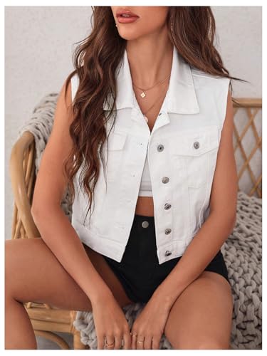 Verdusa Women's Sleeveless Button Front V Neck Denim Crop Vest with Flap Pocket4