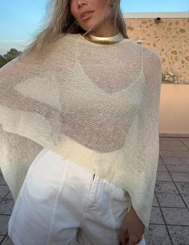 Seyurigaoka Womens Sheer Poncho Top Lightweight Knit Shrug Shawl Off The Shoulder Mesh Blouse Cover Up Tops3