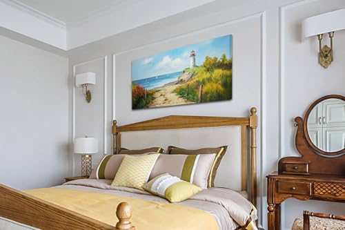Acocifi Blue Coastal Wall Art Lighthouse Picture Nature Fall Landscape Ocean Beach Seascape Canvas Painting, Textured Artwork Large Framed for Living Room Bedroom Bathroom Office Home Decor 48"x24" - Image 5