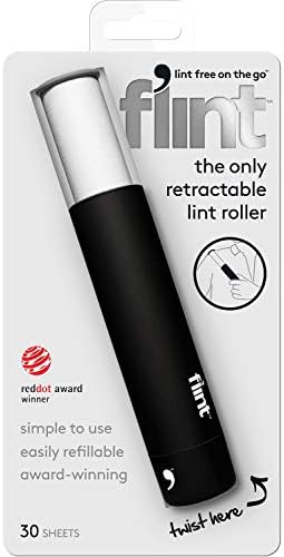 Flint Classic Retractable Lint Roller, Small and Portable Lint Rollers for Removing Dust and Pet Hair from Clothes and Fabrics, 30 Sheets, Black