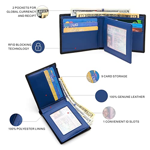 ANDOILT Slim Wallet for Men Genuine Leather RFID Blocking Bifold Ultra Strong Stitching Stylish Wallets with ID Window Black&blue3