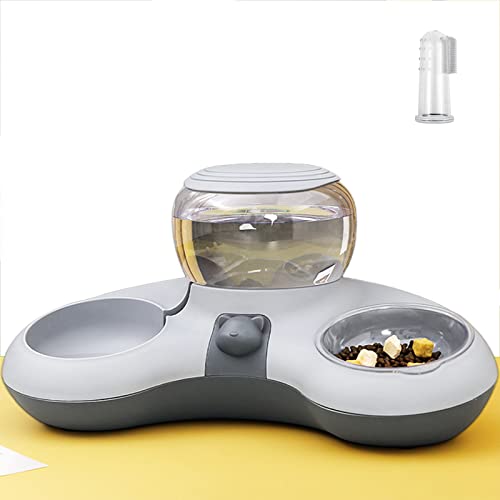 Gamelle pour Chat avec Distributeur d'Eau Double Bol en Croissant - Automatique Grande Capacité - Brosse à Dents Gratuite (Gris)