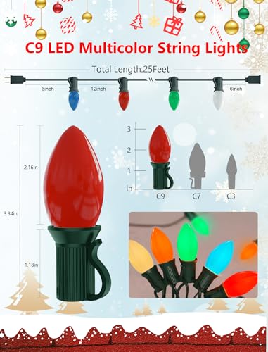Image of C9 LED Multicolor Christmas Lights Outdoor, 25Ft C9 Vintage Christmas Lights Waterproof with 26 LED Colorful Bulbs, Outdoor Christmas Decorations String Lights for Patio Garden Roofline Holiday Party