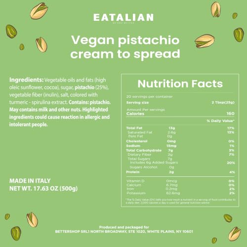 Image of EATALIAN by AMZ BETTER Vegan Pistachio Cream, 17.63 oz / 500 gr, Delicious vegan spread with a uniquely sweet taste, Ideal on bread, Perfect with ice cream, Excellent for Dubai Chocolate, Made in Italy