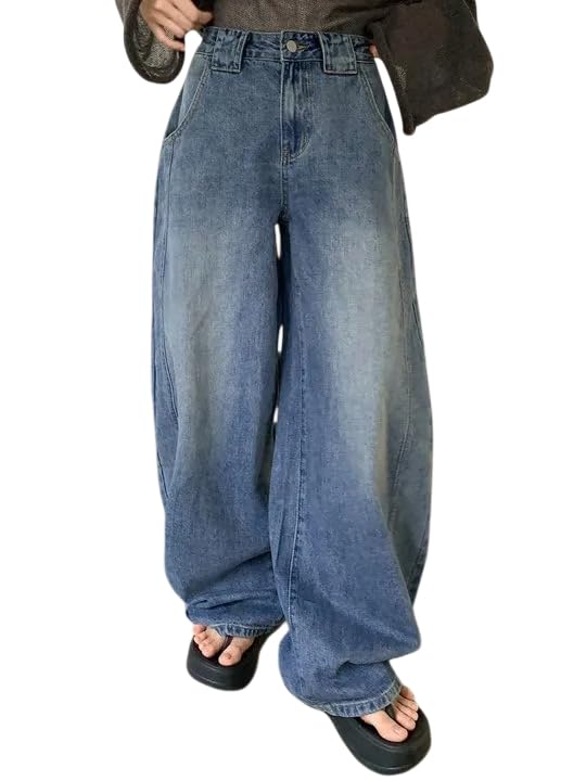 Image of KOTTY Women Trendy Wide Leg Jeans High Waist Baggy Fit Denim Streetwear Jeans