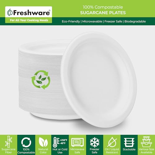 Image of Freshware Paper Plates - Disposable 9 inch Plate, 125-Pack Biodegradable Sugarcane Fiber Dinner Plates - Heavy Duty Dinnerware for Hot Food - Microwave & Freezer Safe, Stackable Dinnerware