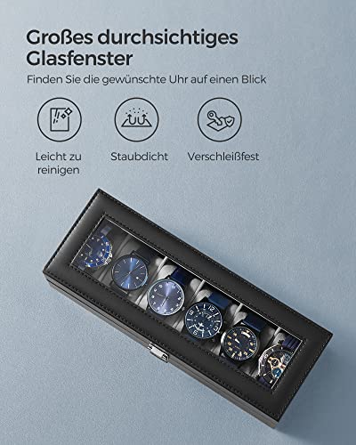 SONGMICS JWB06BK Uhrenbox mit 6 Fächern, Schatulle, mit Glasdeckel, abnehmbare Polster, Schloss aus Metall, schwarz beschichtet und Futter in Grau