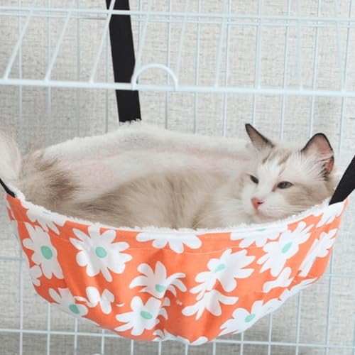 暖かい猫用ハンモックラウンジ吊り下げベッド、ケージ用犬小屋チェア、金属フレーム、調節可能なストラップ、リバーシブル猫ベッド、洗濯機洗い可能、オールシーズン使用可能 (ブルー、L)(Orange,S)