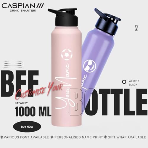 Image of Caspian Hike Customised Stainless Steel Water Bottle 1L, Combo LP & LP with Logo Print - Personalised Water Bottle with Your Name Print for School Office Gym- Perfect for Corporate Gifting (Set of 2)