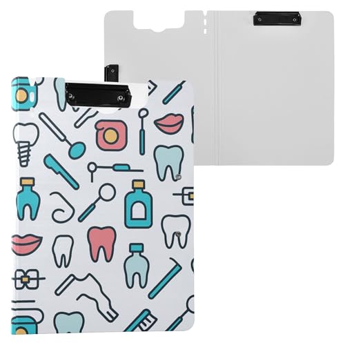 Portapapeles plegables de doble metal con elementos dentales de odontología, color gris, soporte para bolígrafo, con cubierta, portapapeles, organizador de papelería, suministros