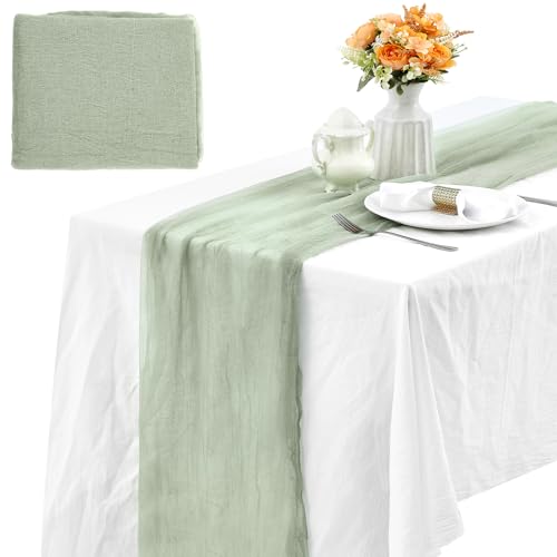 Boao 35.43 x 393.7 Inch Sage Green Cheese Cloth Table Runner Boho Gauze Fabric Cheesecloth Roll for Wedding Baby Shower St. Patrick's Day Easter Holiday Home Party Decorations