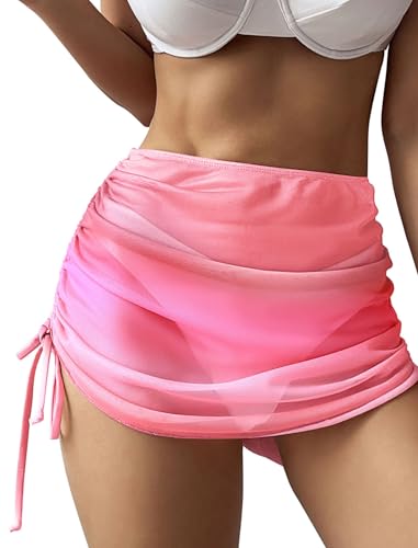 ZAFUL Women's Beach Cover Up Skirt Mesh Sheer Ruched Drawstring Short Swim Skirt Cover Ups for Swimwear