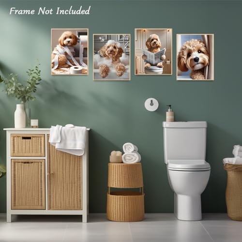 Dazzlewall 4Pcs Lustige Hund Badezimmer Wandkunst, Pudel Mit Toilettenpapier Badewanne Hund Bild Druck Skurriles Tier Poster für Badezimmer, 8x10 zoll Ungerahmt