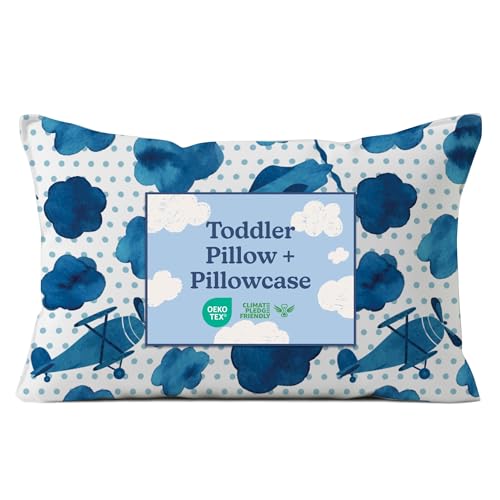 Toddler Pillow with Aeroplane Microfiber Pillowcase - 13x18 Small Kids Pillow for Sleeping, Travel, Car, Nursery & Toddler Bed - Soft & Fluffy, Ideal for Crib & Cot - Machine Washable - Ages 2 and Up