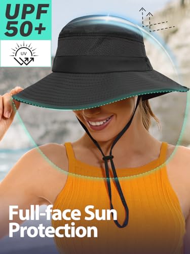 Image of EW East Water Sun Beach Hat for Women, UPF50+ Waterproof with Ponytail Hole | Large Breathable Mesh,3.5 inch Wide Brim, Adjustable Windproof Chin Strap,Quick-Dry, for Hiking Fishing Outdoor Safari