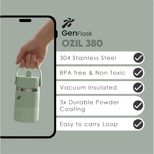 Image of VBOTT GENFLASK-Ozil -380 ml|Thermosteel Flask with Straw Sipper & Carrying Loop| SS 304 Water Bottle|Hot /Cold-18 /24 hrs|Insulated Bottles| SEA Green Colour|Multipurpose