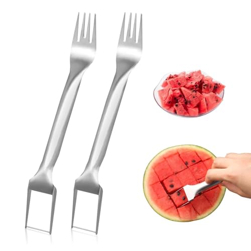 Generic 2PCS Watermelon Fruit Slicer Cutter Tool, Dual Head Stainless Steel Fruit Forks Slicer Knife for Family Parties Camping, 1