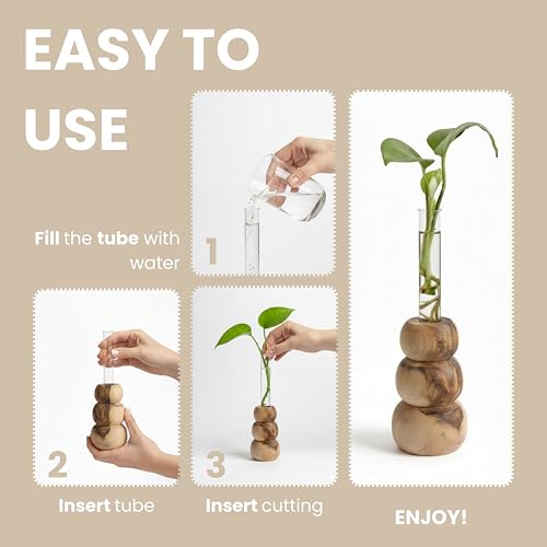 Image of Wooden Test Tube Planter Vase with Wooden Stand | Glass Tube for Indoor Plants, Cuttings & Hydroponics | Minimalist Bud Vase | Modern Flower Stand | Unique Home Office Decor Gift.(3 Steps Designe)