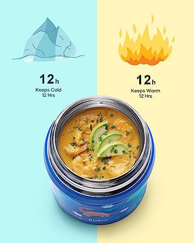 BUZIO Insulated Food Container for Kids Adult, 10oz Stainless Steel Vacuum Insulated Kids Food Jar with Folding Spoon, Leak Proof, Vacuum Insulated food jar, Portable Food Bowl, Blue Dinosaur BUZIO Insulated Food Container for Kids Adult, 10oz Stainless Steel Vacuum Insulated Kids Food Jar with Folding Spoon, Leak Proof, Vacuum Insulated food jar, Portable Food Bowl, Blue Dinosaur - Image 2