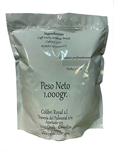 Café Colibrí, ARÁBIGA 100% BRASIL, ECONOMIC LINE, Café en Grano, Tueste Natural, Bolsa 1Kg. Con Zip para mejor conservación.