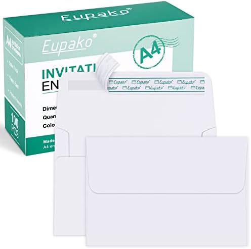 Eupako A4 White Photo Envelopes 4x6, 100 Pack Self Seal Envelopes for 4x6 Cards, Photos, Invitations, Wedding, Graduation, Baby Shower, 4.25 x 6.25 Inches
