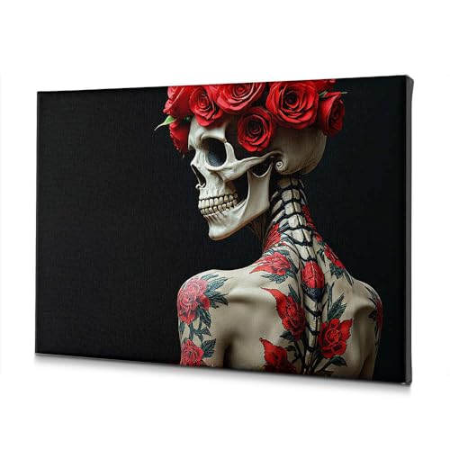 Toile squelette et roses rouges 40x60cm pour corriger un mur blanc sans âme