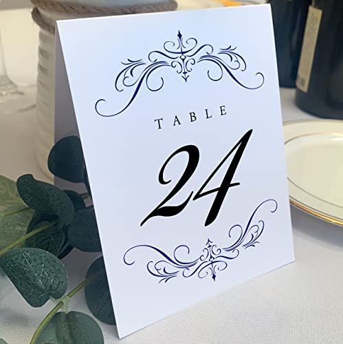Classic Flourish Wedding Table Numbers, Navy, 1-25, Double Sided, Tent or Use in a Stand, Great for Parties & Restaurants - Made in the USA