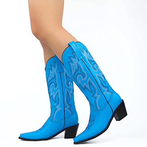 CRYSIGNE Women Vintage Embroidered Mid Calf Cowboy Cowgirl Boots Ladies Snip Toe Pull On Chunky Heel Western Boots3