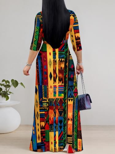 Image of PinkPatty Plus Size Maxi Dress for Women Casual V Neck 3 /4 Sleeve Boho Printed Long Dress with Pockets