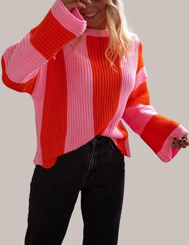 InterNos Womens Striped Bell Sleeve Pullover Sweater Loose Color Block Crew Neck Vertical Knitwear2
