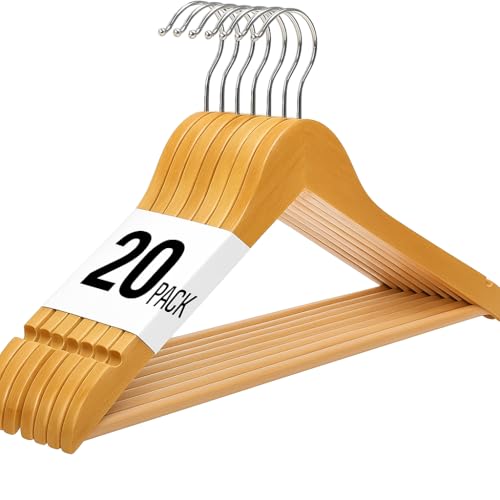 Meown Premium Wooden Coat Hangers | 20-Pack | 100% Natural Wood | 360° Swivel Hook | Slim & Durable | Shoulder Notches & Pant Bar | Versatile for All Clothing Types