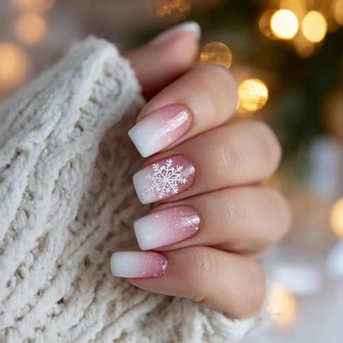 Christmas Press on Nails Short Square Fake Nails with Snowflake D...