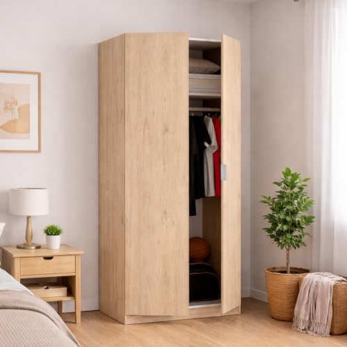 GUARDAROBA GIOVO - Mobile appendiabiti per camera da letto, Armadio a 2 ante battenti, 81x52h184 cm, Rovere