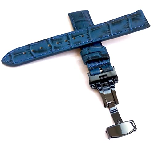 Image of 18mm 19mm 20mm 21mm 22mm 23mm 24mm Genuine Leather Butterfly Deployment Clasp Buckle Watch Band Strap Black Dark Brown TAN Blue Rose Black Gold White
