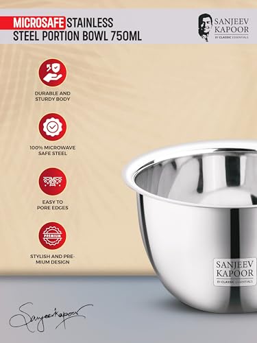 Image of Sanjeev Kapoor by Classic Essentials Stainless Steel Mixing & Serving Bowl Microwave-Safe Solid, Durable, Elegant, Mirror Finish Bow (Silver, 750ML)