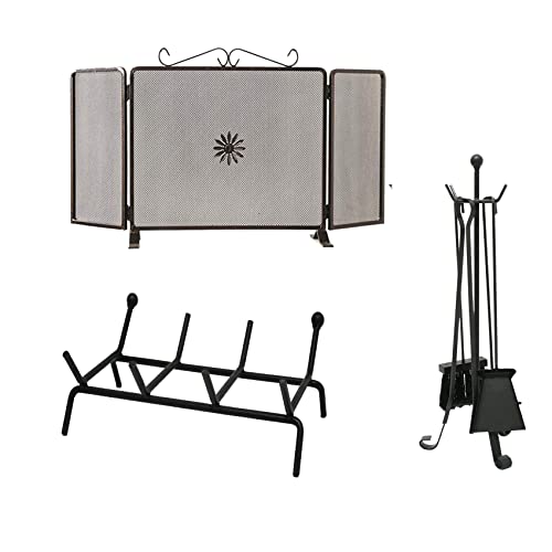 In ferro battuto verniciato. Kit Accessori per camino attrezzi per fuoco portalegna parascintille e trespolo