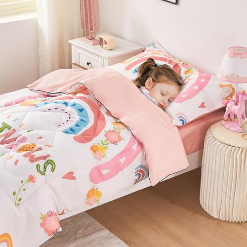 Wowelife Toddler Bedding Set for Girls, 4 Piece Rainbow Toddler Girl Bedding Set, Pink Floral Toddler Comforter Set Includes Comforter, Flat Sheet, Fitted Sheet and Pillowcase, Soft & Lightweight