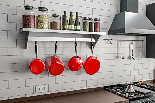 Image of Koolmore Commercial Wall Mounted Pot Rack Organizer Shelf with 4 Removable Storage Hooks for Pots and Pans, Utensils, Kitchen Cooking Accessories, Stainless-Steel Holder (WMPS-1248), 12'' X 48''