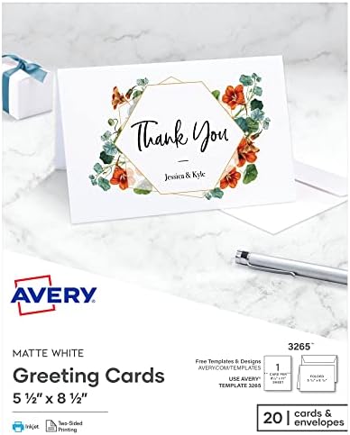 Avery Printable Greeting Cards, Half-Fold, 5.5" x 8.5", Matte White, 20 Blank Cards with Envelopes (3265)