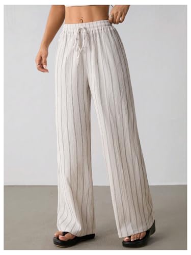 Women's Striped Wide Leg Pants Drawstring Waist Vacation Baggy Lounge Pants Trousers4