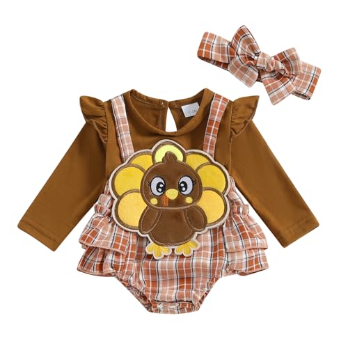 Image of Aifawile Baby Girl Thanksgiving Outfit Newborn Turkey Romper Dress Ribbed Ruffle Skirt Hem Jumpsuit Fall Clothes and Headband