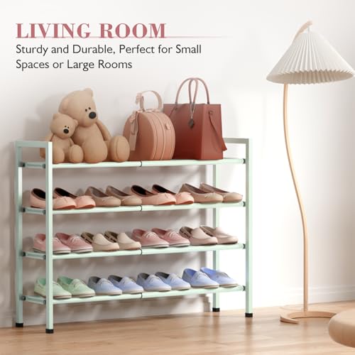 Image of Bumusty 4-Tier Expandable Shoe Rack for Closet, 18 inch-33 inch Adjustable Shoe Rack for Small Space, Small Shoe Organizer for Front Door, Sturdy Metal, Green