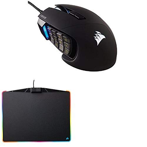 COSAIR SCIMITAR Pro RGB - MMO Gaming Mouse - 16,000 DPI Optical Sensor - 12 Programmable Side Buttons - Black and CORSAIR MM800 Polaris RGB Mouse Pad - 15 RGB LED Zones - USB Passthrough - High-Performance Mouse Pad Optimized for Gaming Sensors