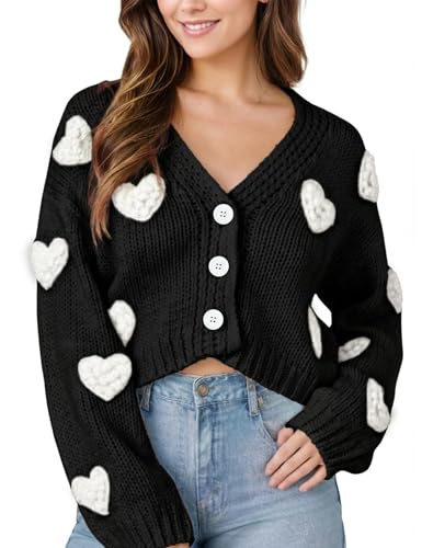 Women Valentines Day Cropped Cardigan Sweaters Love Heart Printed