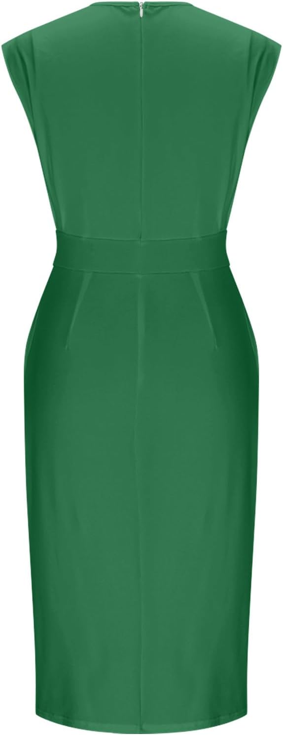 Women Cap Sleeve Midi Dress Side Split Round Neck Business Casual Dressy Gown Bodycon Office Solid Button Outfits