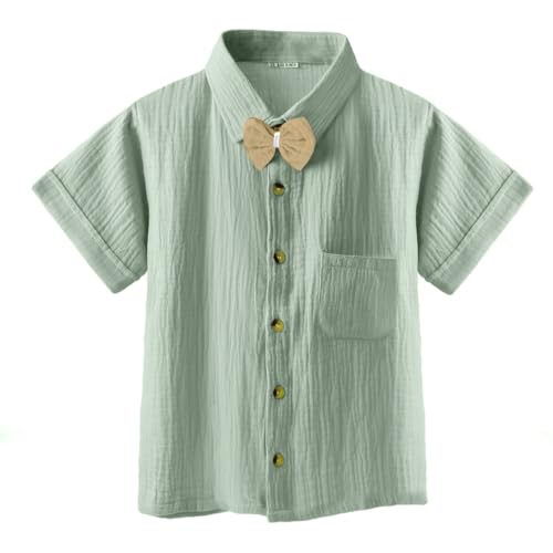 Image of Bold N Elegant Kids Linen Solid Shirt & Shorts Co-Ord Set|Stylish Party Short-Sleeve Shirt With Bow & Comfy Shorts|Cool & Comfortable Summer Wear