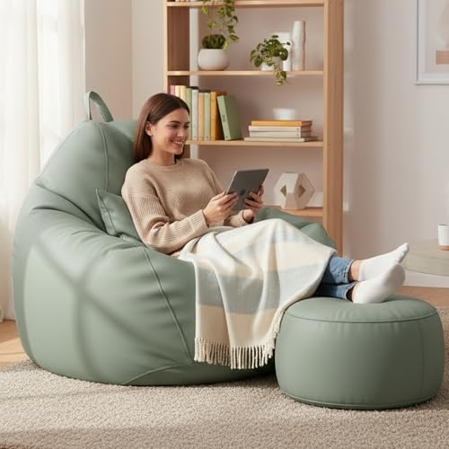 Image of KAM'S LIEU 5XL Bean Bag Combo with Footrest & Cushion | Filled with High Density EPS Beans | Comfortable Sofa for Living Room & Bedroom | 6 Months Warranty, Color- (SAGE Green, 5XL, Classic)